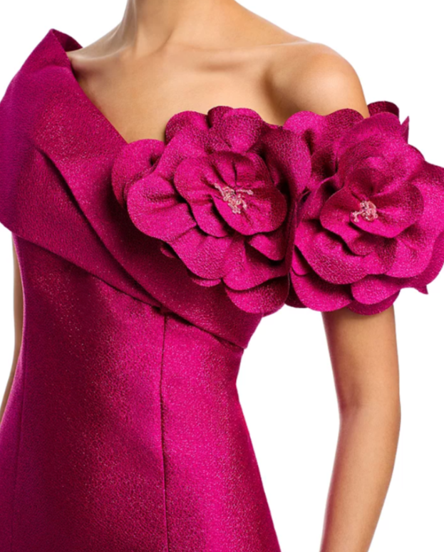 Teri Jon by Rickie Freeman Pebble Jacquard 3D Flower Gown MSRP $1110