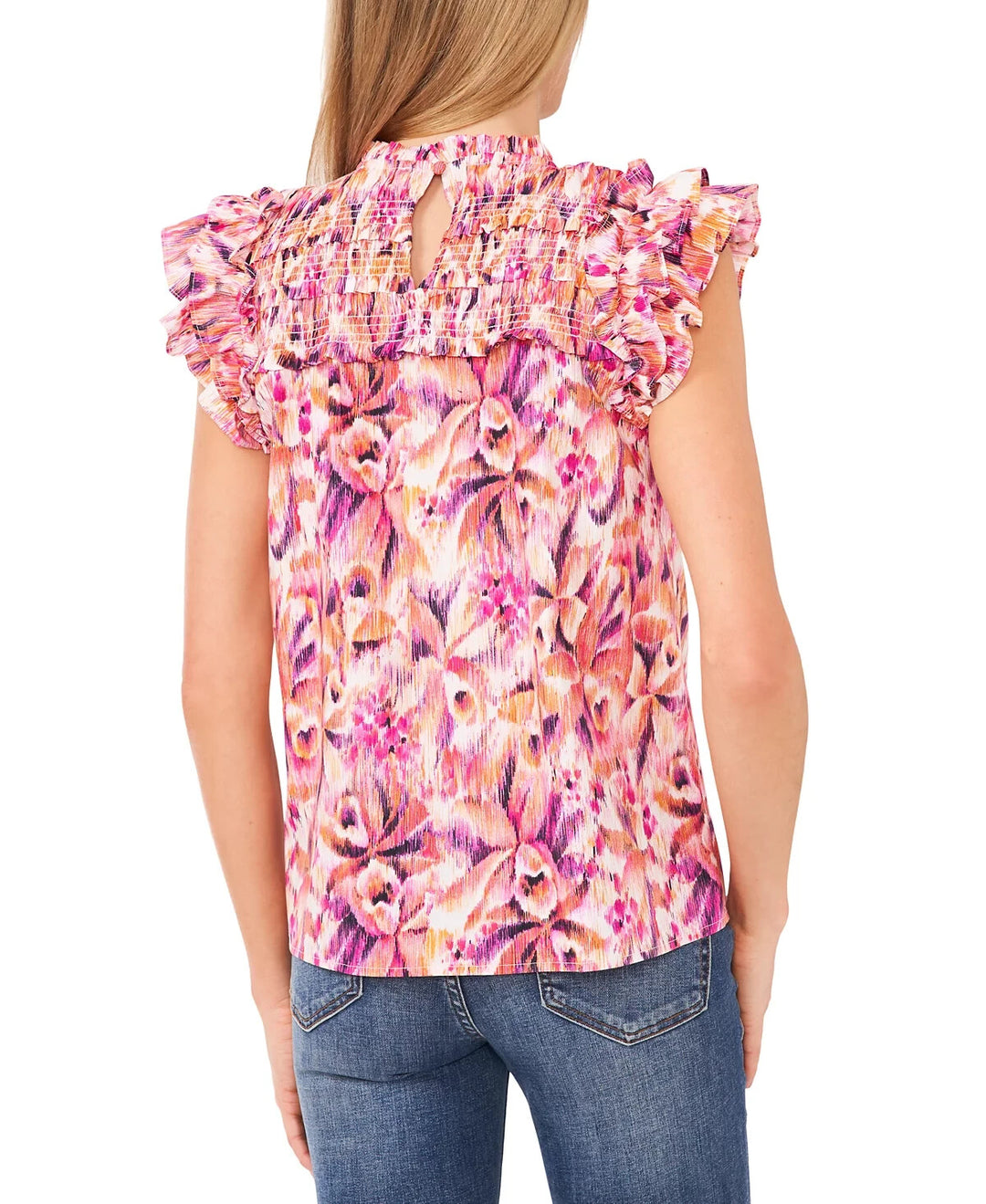 CeCe Printed Cotton Ruffled Smocked-Yoke Blouse
