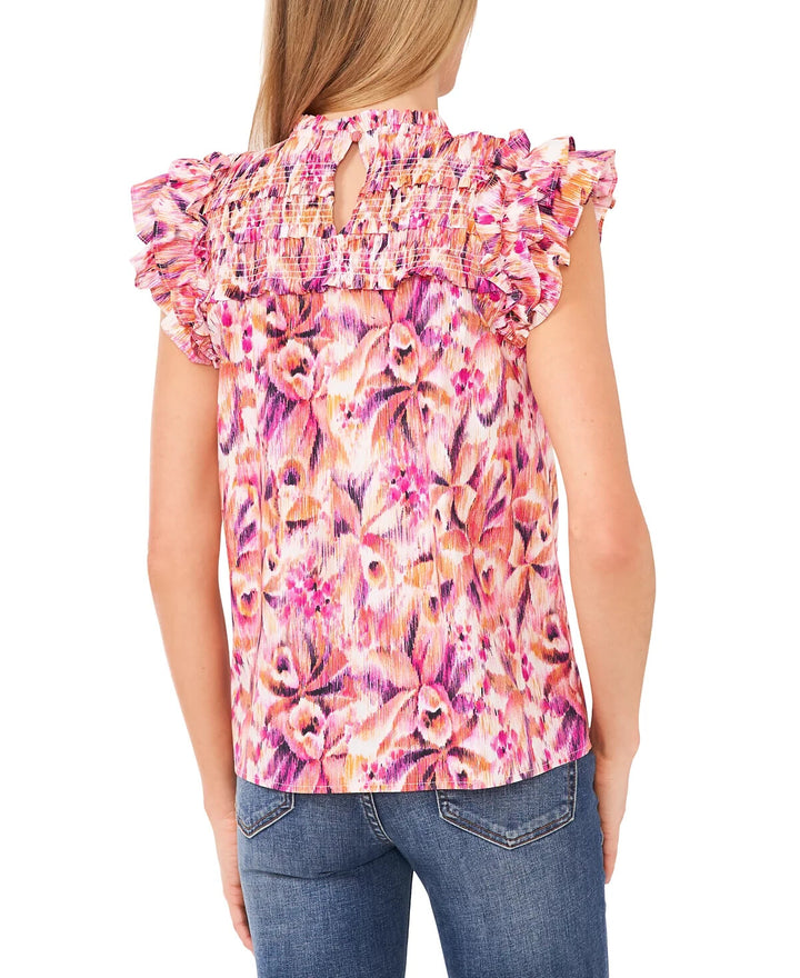 CeCe Printed Cotton Ruffled Smocked-Yoke Blouse