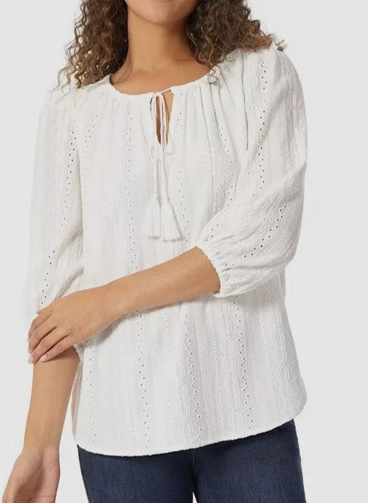Jones New York Eyelet Self-Tie Split Neck Blouse Top $79