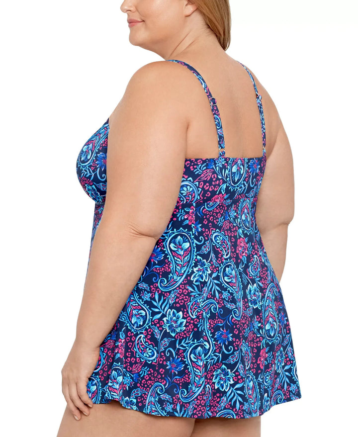 Swim Solutions Tummy Control Printed Tie-Waist Swim Dress MSRP $122