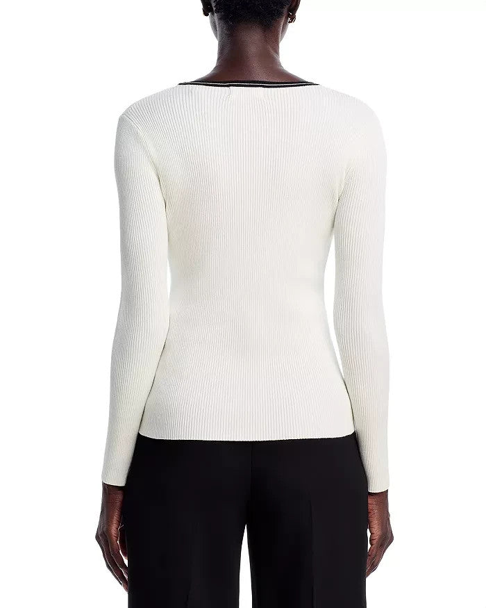 T Tahari Long Sleeve V Neck Striped Ribbed Sweater MSRP $68