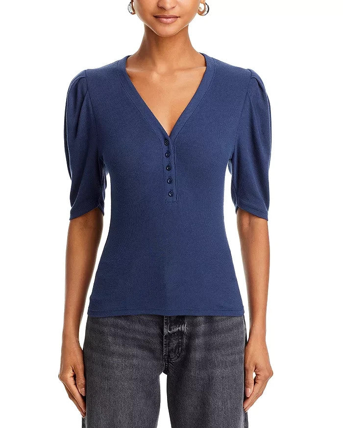 FRAME Rib Knit Ruched Sleeve Henley Tee MSRP $168