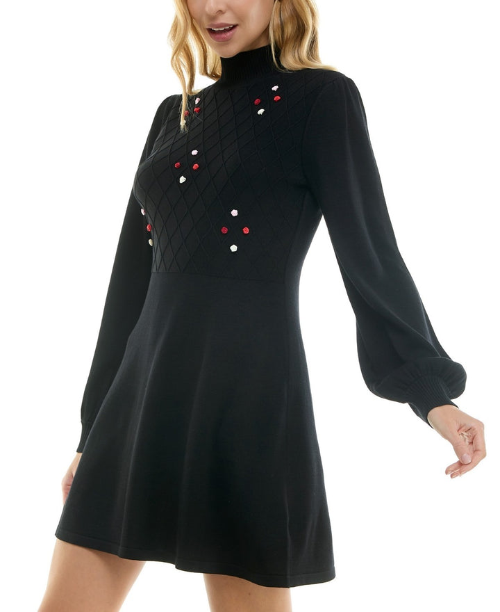 Crystal Doll Juniors' Rosette Turtleneck Blouson-Sleeve Sweater Dress MSRP $69