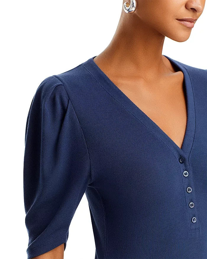 FRAME Rib Knit Ruched Sleeve Henley Tee MSRP $168