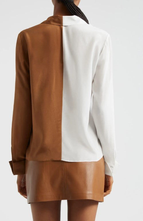 Alice + Olivia Willa Colorblock Silk Button-Up Shirt MSRP $330