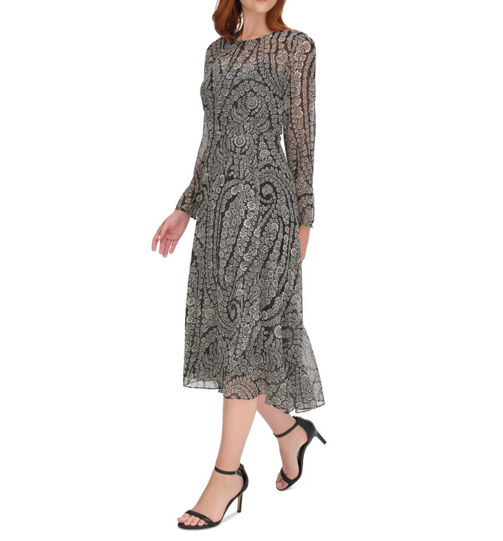 Tommy Hilfiger Women's Printed Long-Sleeve Fit & Flare Dress MSRP $139