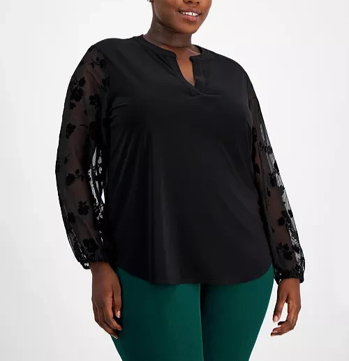 Kasper Plus Size Split-Neck Contrast-Long-Sleeve Blouse MSRP $89