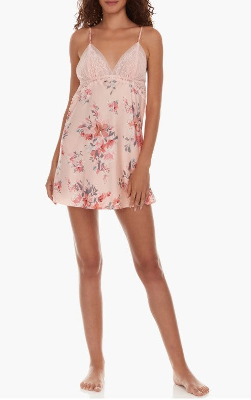 Flora Nikrooz Andrea Floral Lace Trim Satin Chemise MSRP $60