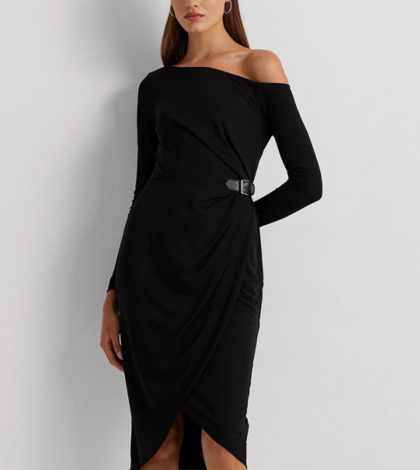 Lauren Ralph Lauren Buckle-Trim Jersey Off-The-Shoulder Dress MSRP $185