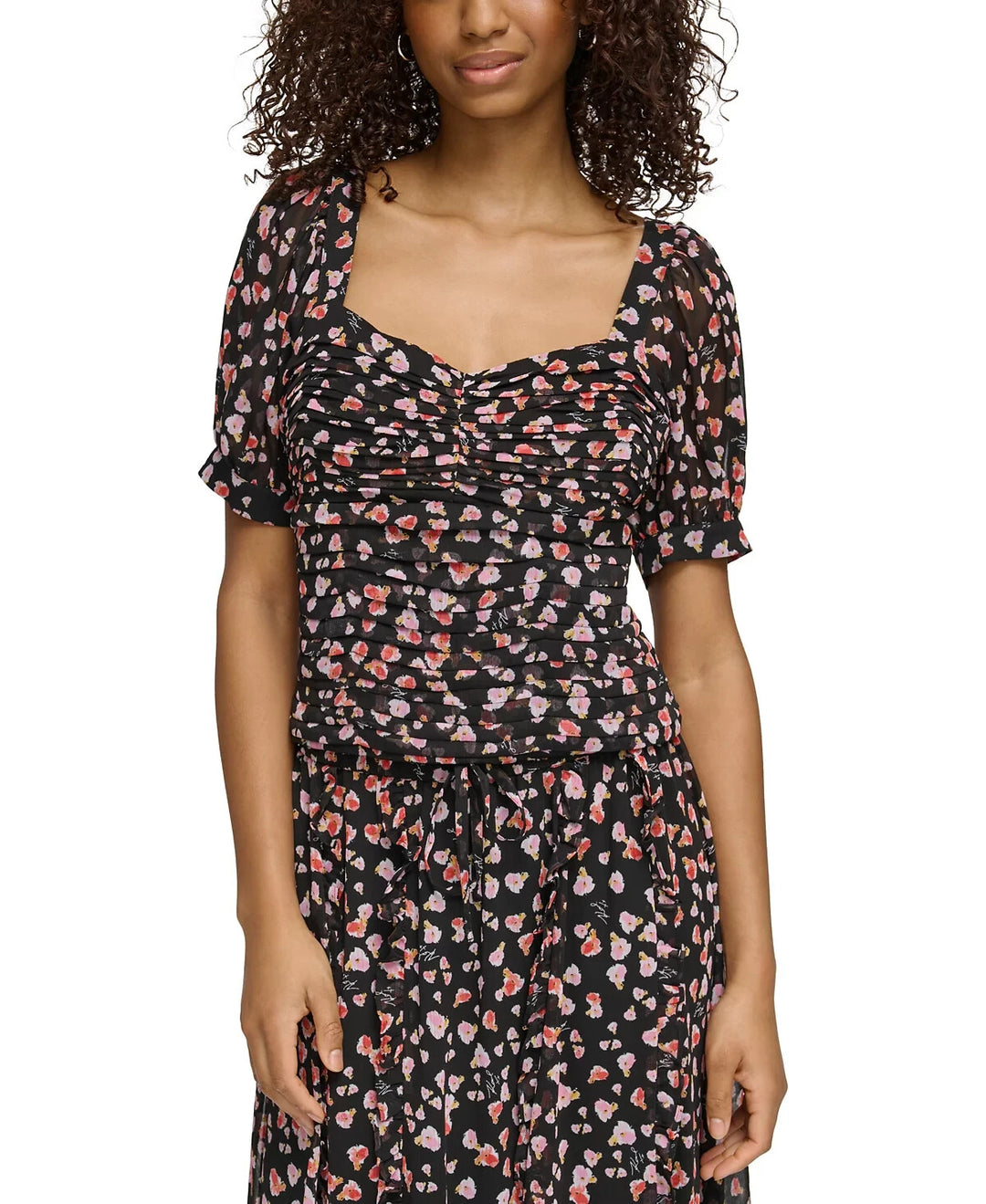 KARL LAGERFELD PARIS Printed Ruched Puff-Sleeve Blouse MSRP $89