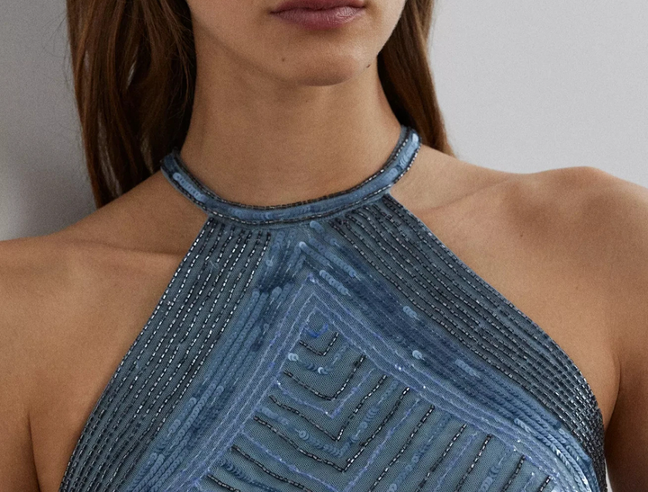 Lauren Ralph Lauren Women's Beaded Mesh Halter Cocktail Dress MSRP $395