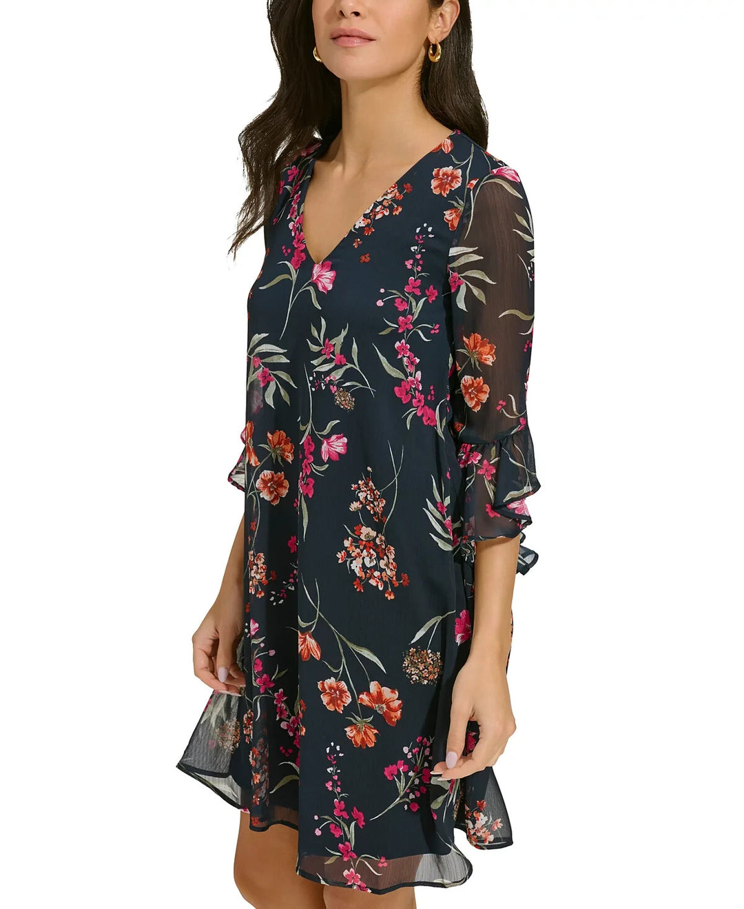 Calvin Klein Printed Chiffon Bell-Sleeve Dress MSRP $119