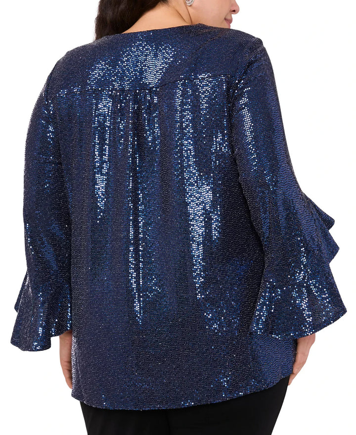 MSK V-Neck Bell-Sleeve Sequin-Knit Top Navy Size 1X MSRP $79