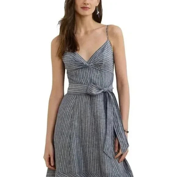 Lauren Ralph Lauren Striped Belted Linen Sleeveless Dress MSRP $265