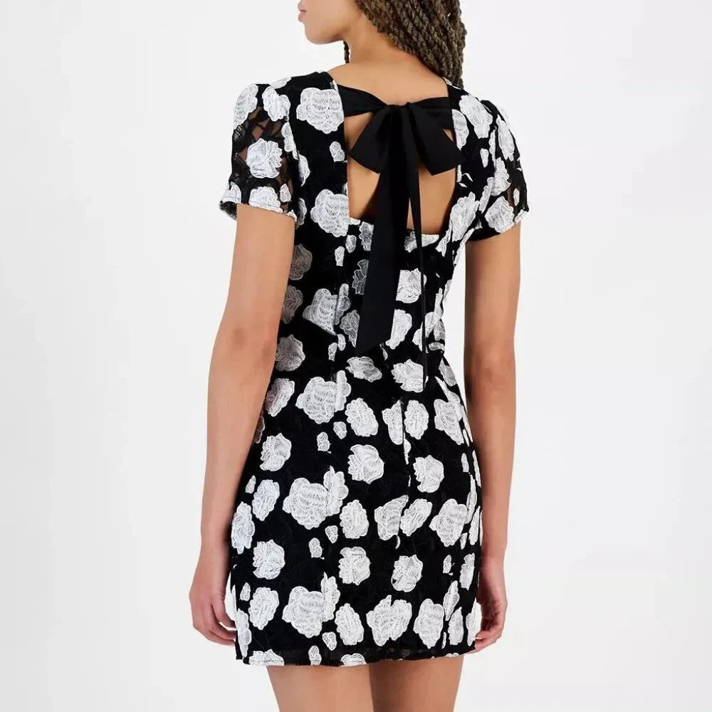 Sam Edelman Black Rose Embroidered Cap Sleeve Mini Dress MSRP $158