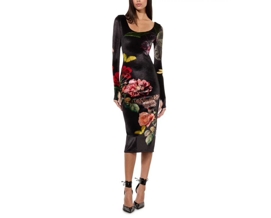 Alice + Olivia Delora Velvet Scoop Neck Midi Dress MSRP $395