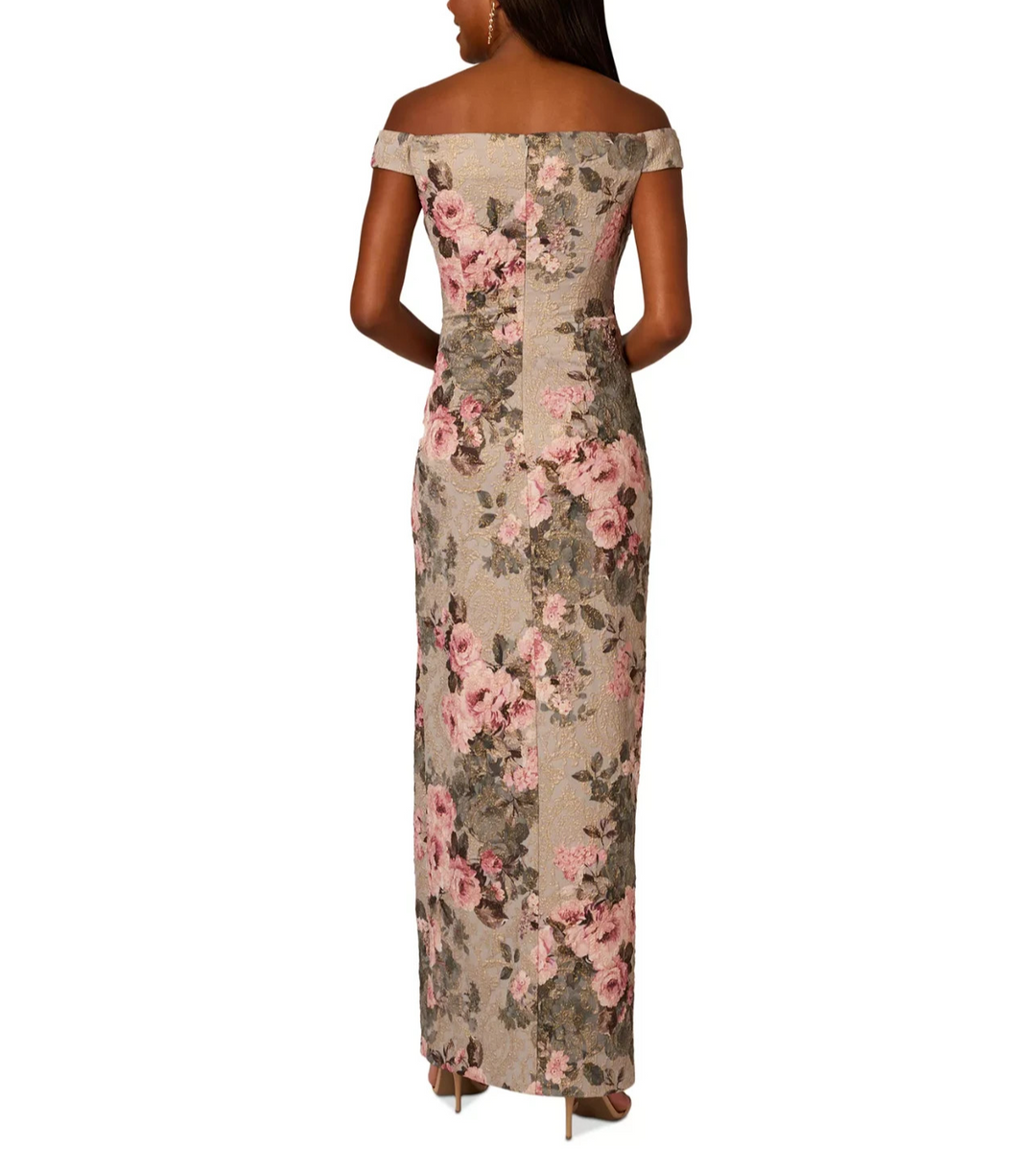 Adrianna Papell Metallic Jacquard Floral Print Off-The-Shoulder Gown MSRP $229