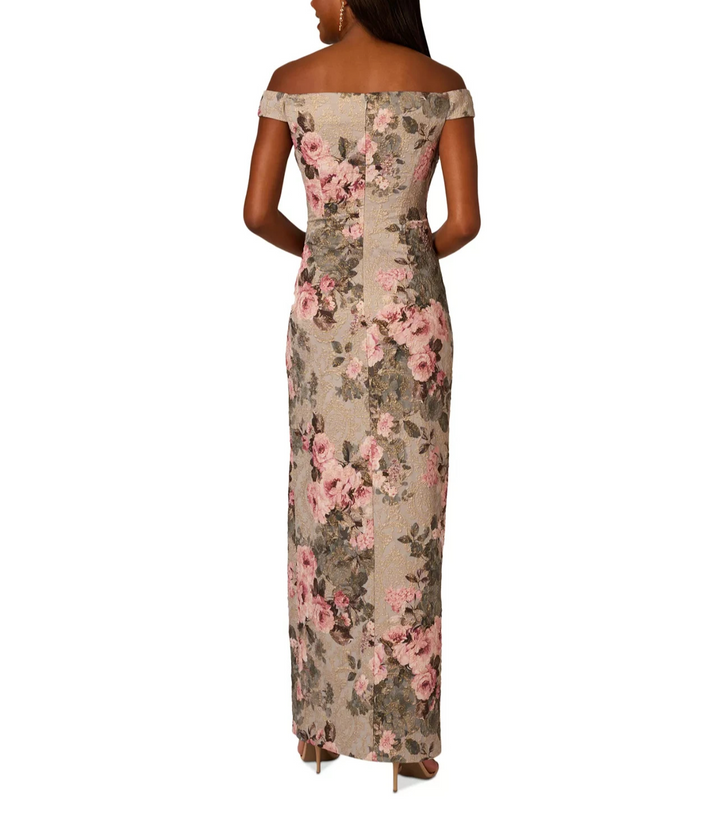 Adrianna Papell Metallic Jacquard Floral Print Off-The-Shoulder Gown MSRP $229