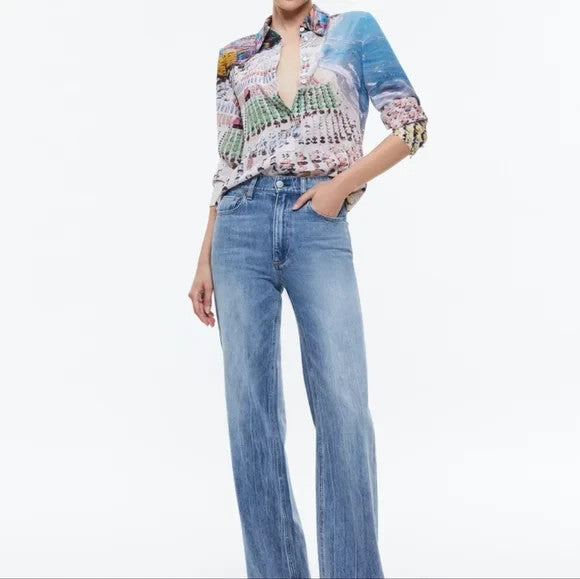 Alice + Olivia Whispering Waves Willa Placket Top MSRP $350