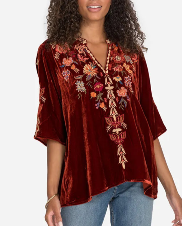 Johnny Was Taline Easy V-Neck Embroidered Top MSRP $275