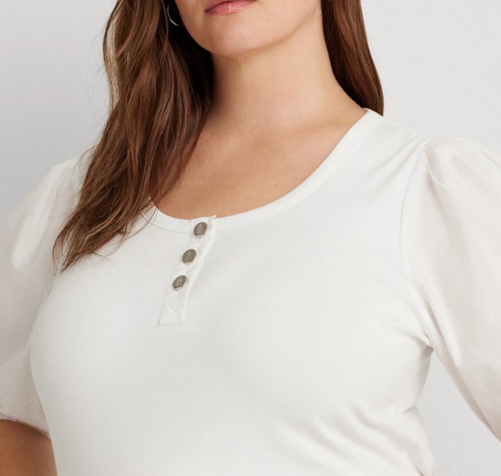 Lauren Ralph Lauren Plus Size Puff-Sleeve Henley Tee MSRP $99
