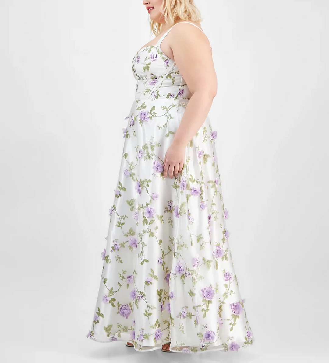 Say Yes Trendy Plus Size Floral Print Applique Gown MSRP $209