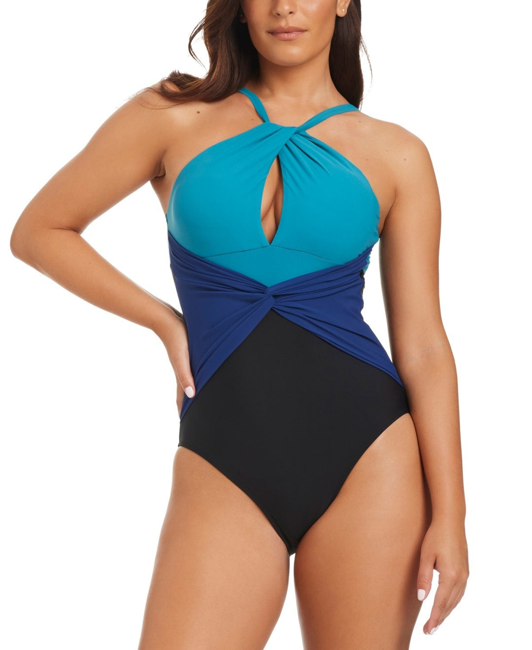Beyond Control Coastal Colorblock Twisted Halter One-Piece Swimsuit MSRP $119