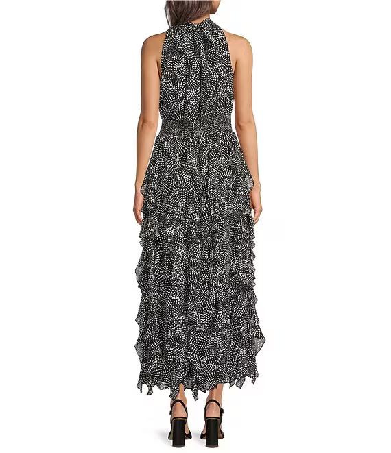 1. STATE Dot Print Halter Neck Sleeveless Ruffle Dress MSRP $109