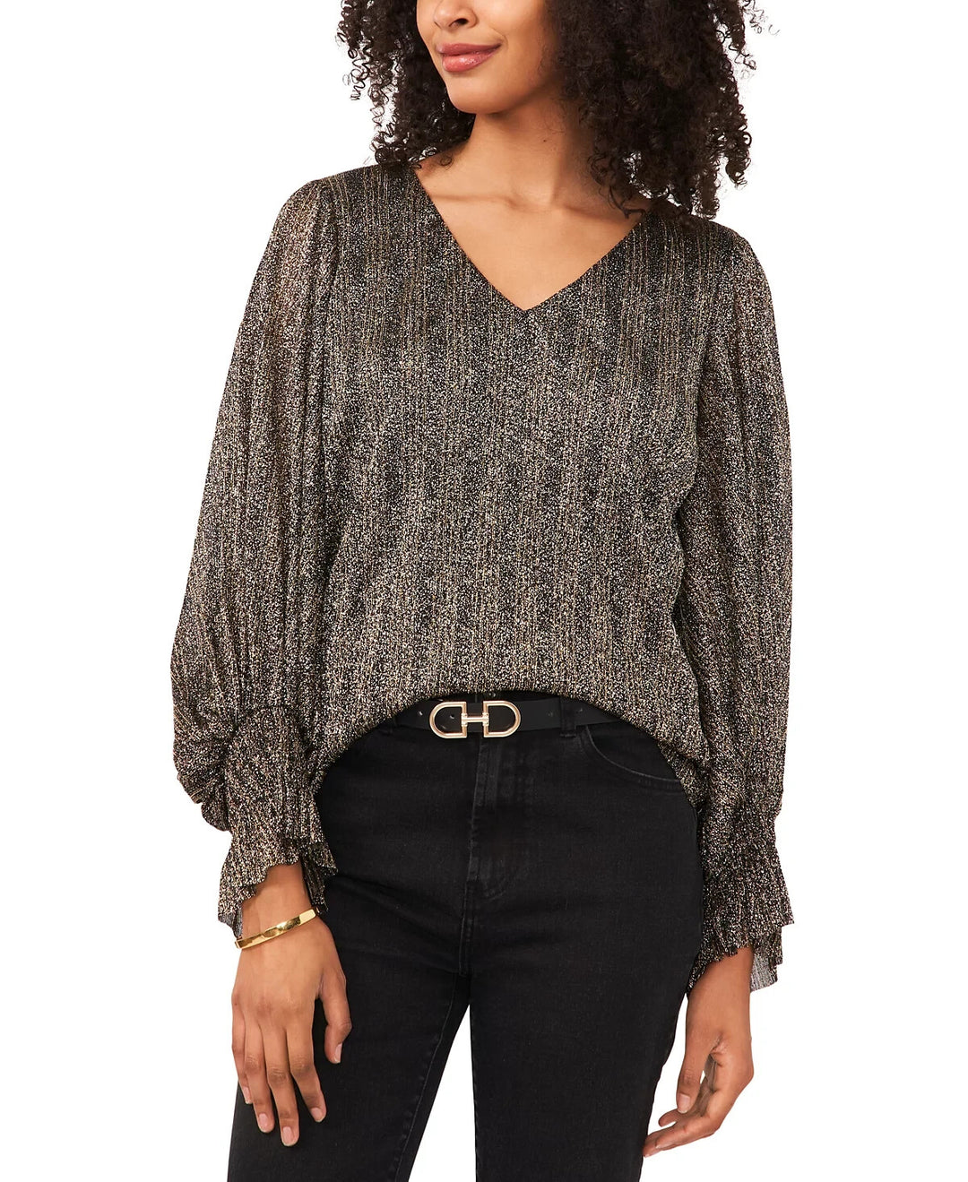 Vince Camuto V-Neck Long-Sleeve Smocked-Cuff Blouse MSRP $79