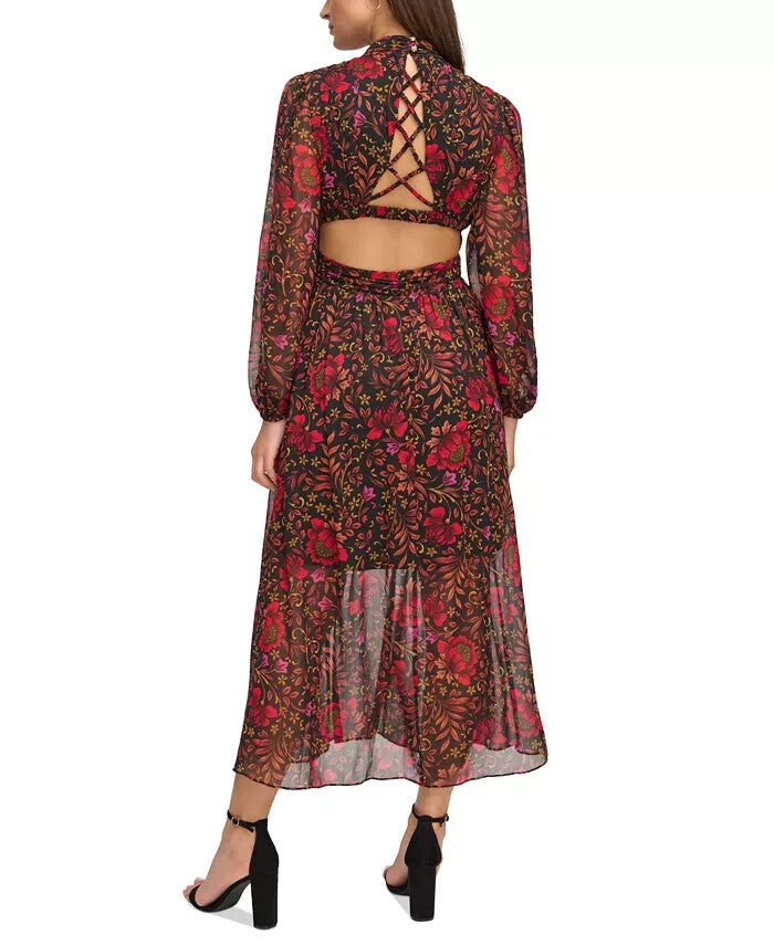 Guess Printed Chiffon Cut-Out Lace-Up Maxi Dress MSRP $148