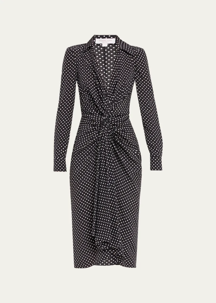 Michael Kors Collection Silk Polka Dot Gathered Midi Dress MSRP $2290