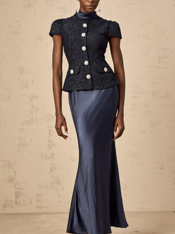 Self-Portrait Metallic Bouclé Bodice and Satin Maxi Dress MSRP $700