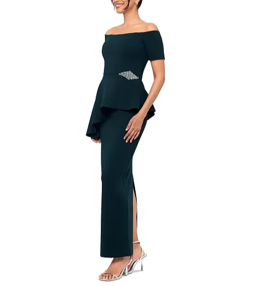 Betsy & Adam Off-The-Shoulder Embellished Draped Gown MSRP $269
