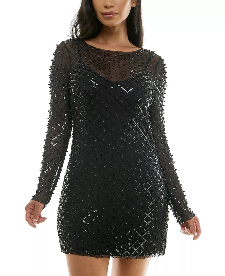 City Studios Juniors' Illusion Pearl-Sequin Mini Dress MSRP $79