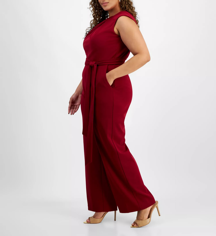 Tahari Plus Size Sleeveless Scuba Crepe Tie-Waist Jumpsuit MSRP $149