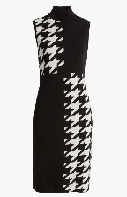 Anne Klein Women's Houndstooth Mock Neck Sleeveless Dress MSRP $129