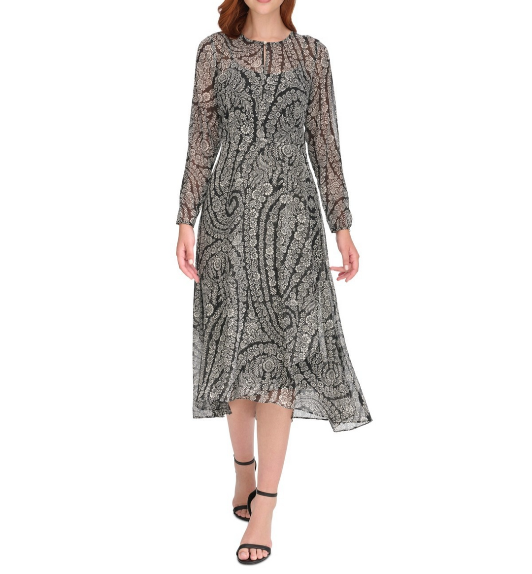 Tommy Hilfiger Women's Printed Long-Sleeve Fit & Flare Dress MSRP $139