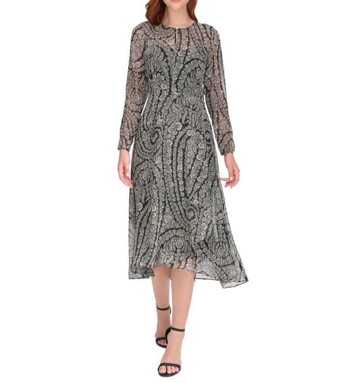 Tommy Hilfiger Women's Printed Long-Sleeve Fit & Flare Dress MSRP $139