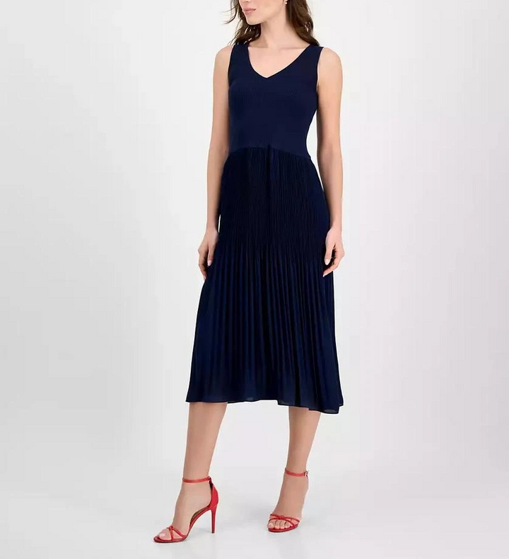 T Tahari Women's Ribbed Pleated Sleeveless Fit & Flare Dress MSRP $128