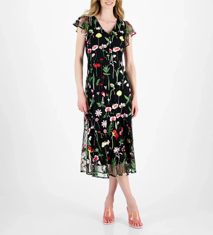 Sam Edelman Fresh Cut Embroidery Cold-Shoulder Midi Dress MSRP $148