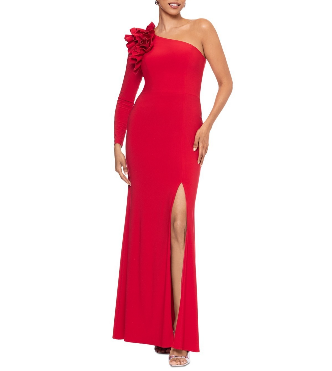 Xscape Petite One-Shoulder High-Slit Evening Gown MSRP $239
