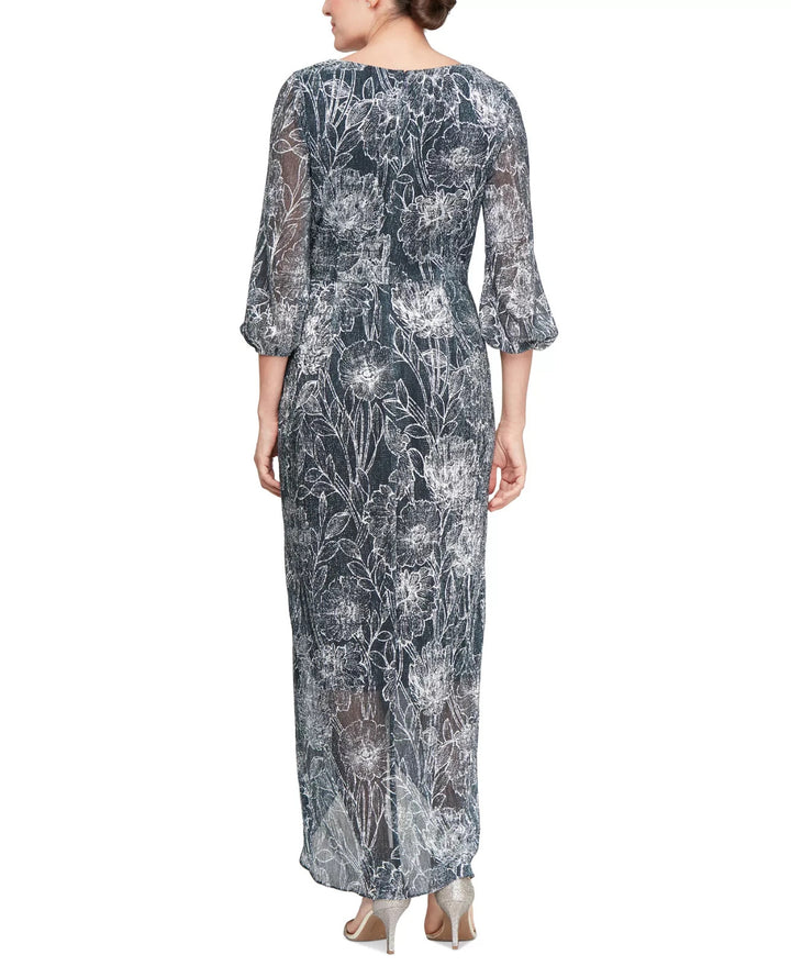 SL Fashions Women's Metallic Print Blouson-Sleeve High-Low Gown MSRP $139