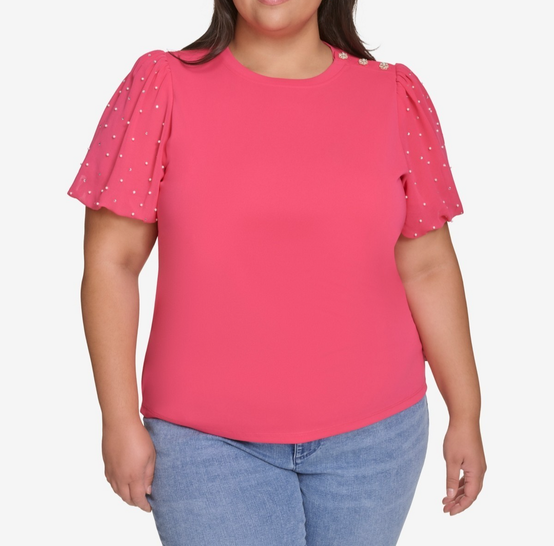 KARL LAGERFELD PARIS Plus Size Embellished Puff-Sleeve T-Shirt MSRP $99