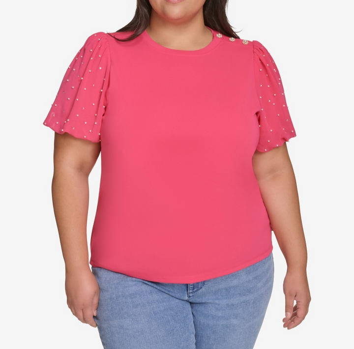 KARL LAGERFELD PARIS Plus Size Embellished Puff-Sleeve T-Shirt MSRP $99