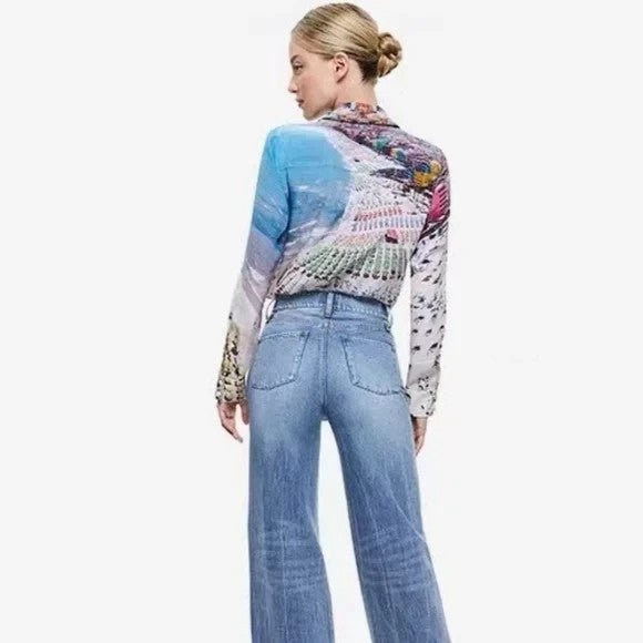 Alice + Olivia Whispering Waves Willa Placket Top MSRP $350