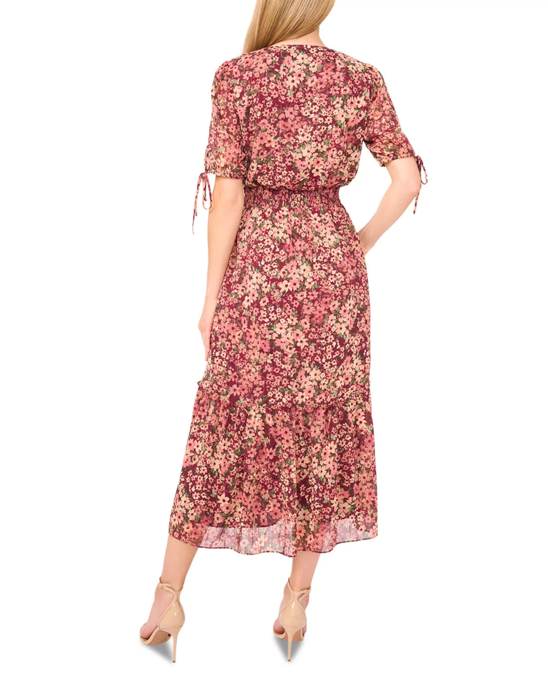 CeCe Women's Smocked Waist V-Neck Dress MSRP $99