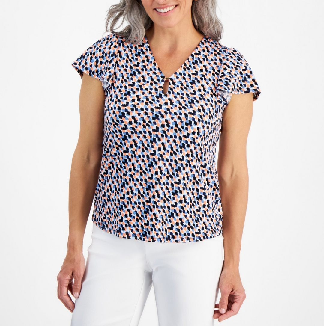 Jones New York Petite Printed Flutter-Sleeve Top MSRP $59.50