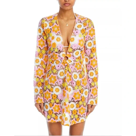 Ramy Brook Analia Floral Crochet Mini Dress Swim Cover-up MSRP $295