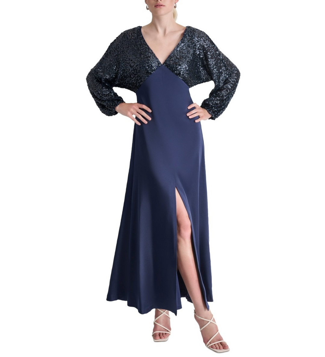 dkny sequin dress DKNY By Donna Karan Balloon Long Sleeve V Neck Stretch Sequin Long Gown